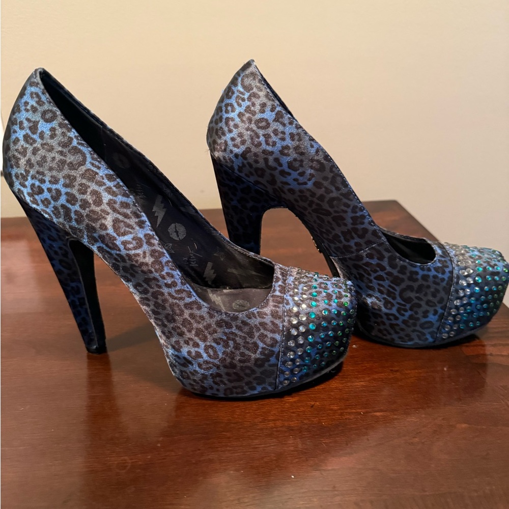 Betsey Johnson Blue Leopard Platform Pumps with Crystal Toe Accents